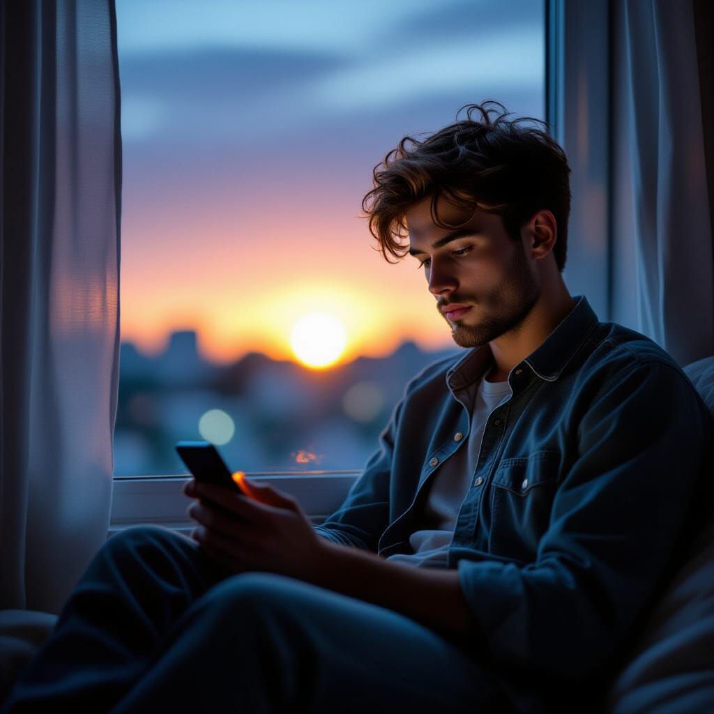 Man in Blue Light with Sunset View