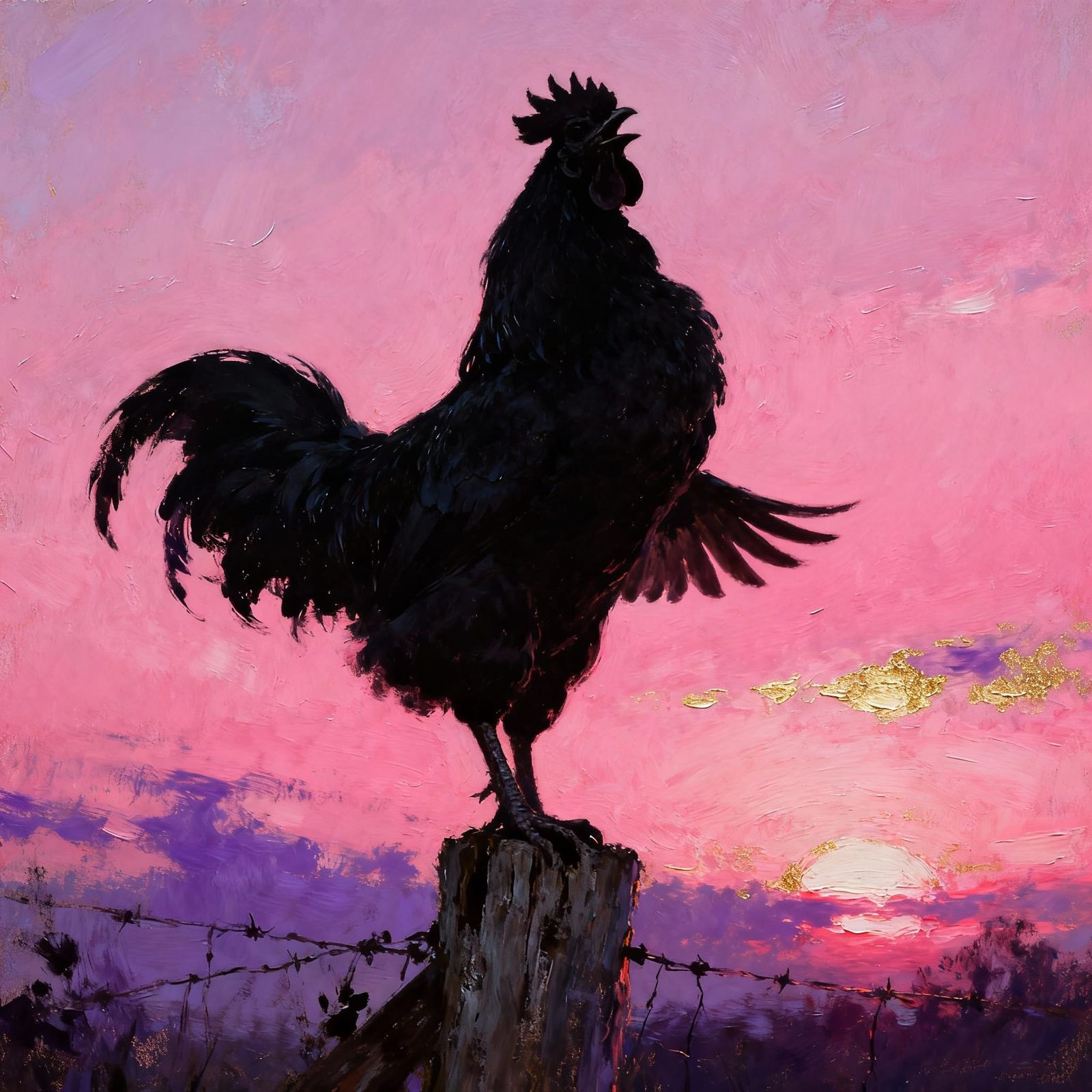 Dramatic Fantasy Rooster at Pearlescent Sunrise