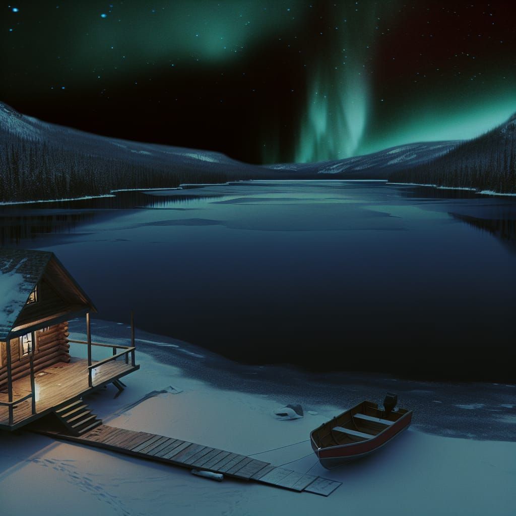 Aurora Borealis over Winter Cabin in Forest