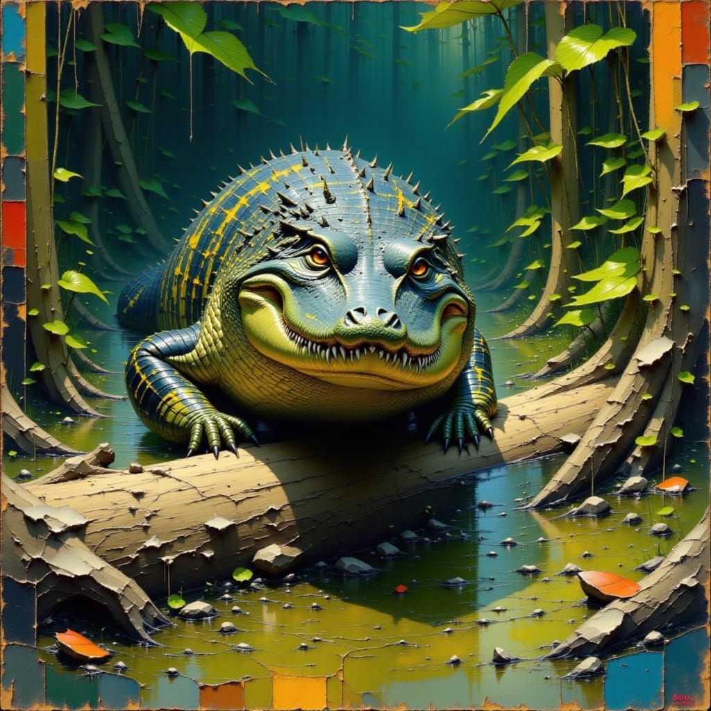 Tiger-Striped Alligator Emerges from Swamp: Ashcan Realism