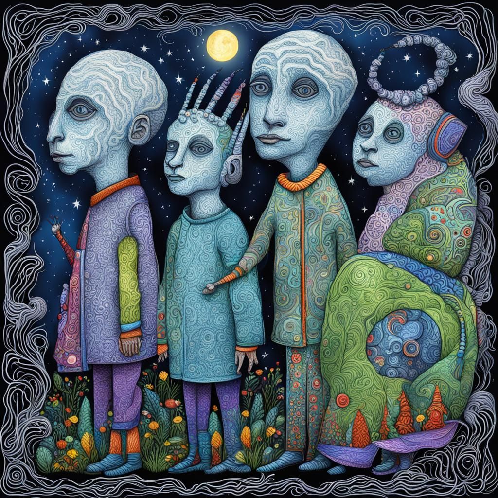 Otherworldly Beings Wait for Bus in Dynamic Nightscape