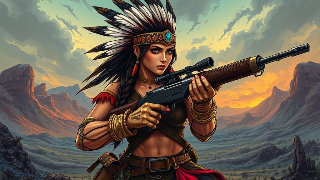 Native American Bounty Hunter in Dystopian Landscape
