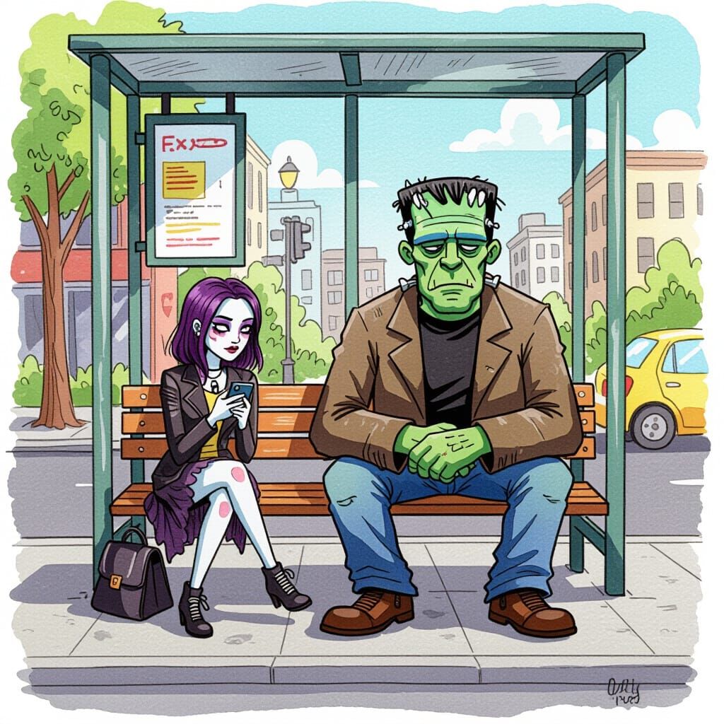 Frankenstein and Goth at Bus Stop in Watercolor Style