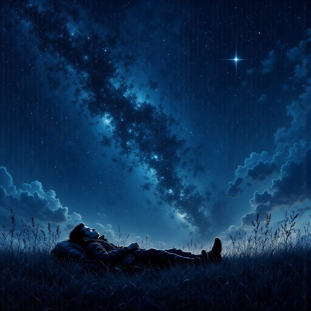 Boy Gazing at Starry Night Sky