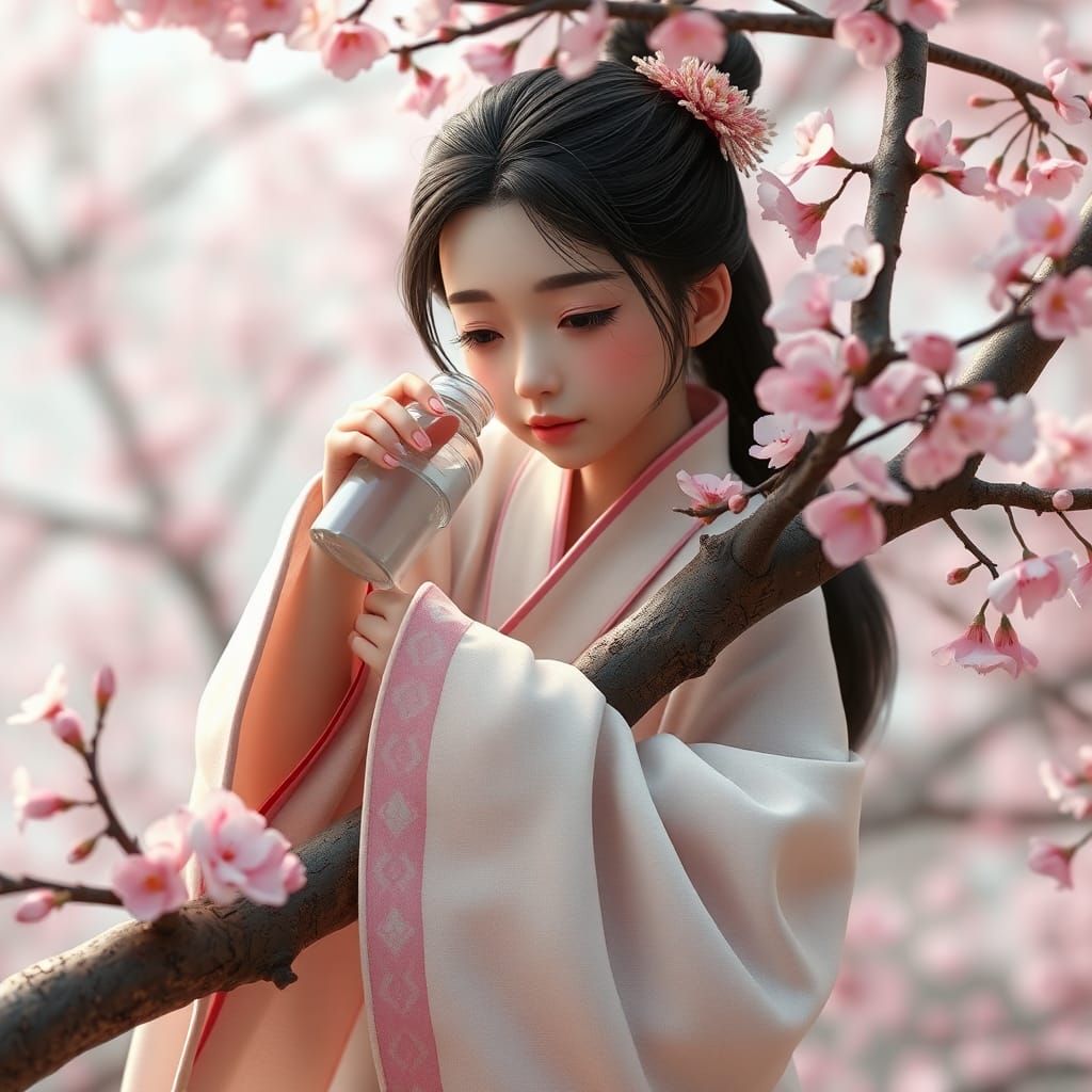 Chinese Princess in Cherry Blossom Garden: 3D Anime Art