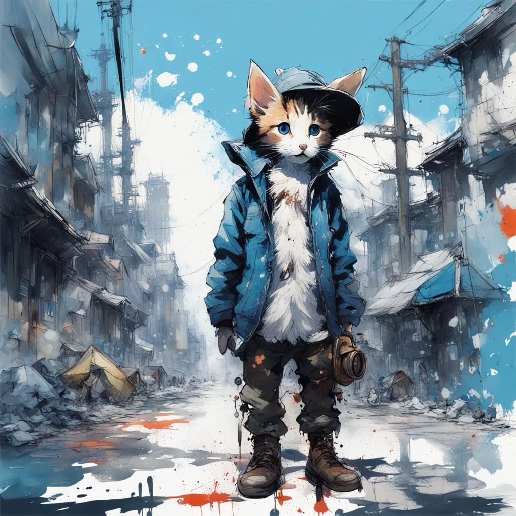 Animals in Blue Sky: Ink Drip, Paint Splatter Art