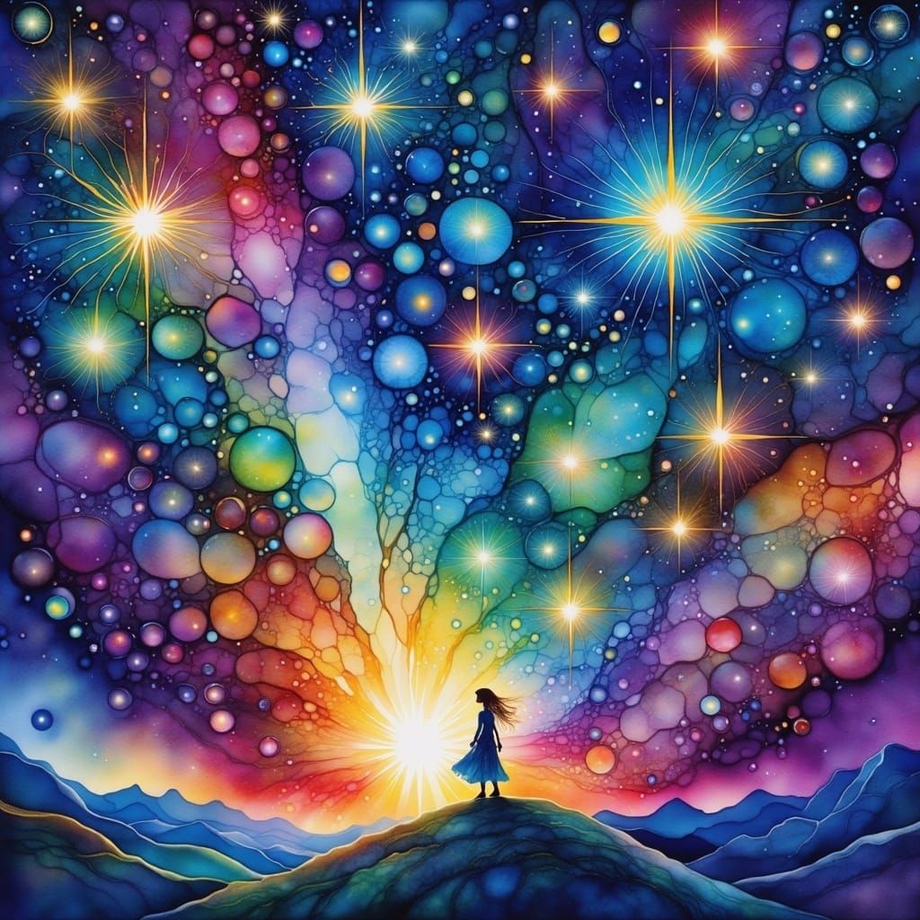 Vibrant Watercolor Night Sky with Radiant Stars