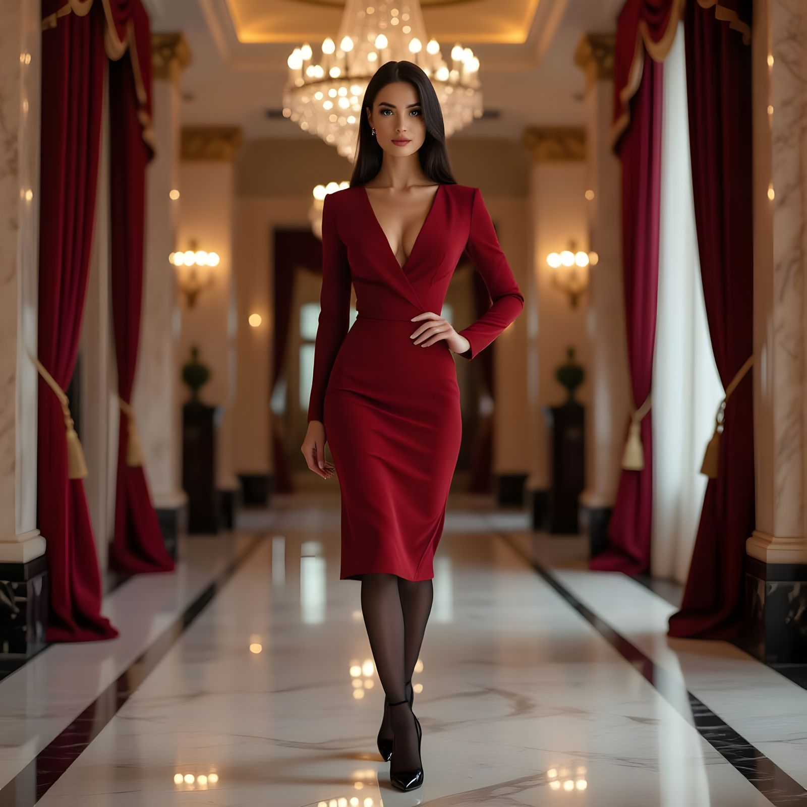 Elegant Woman in Hotel Lobby, Art Nouveau Style