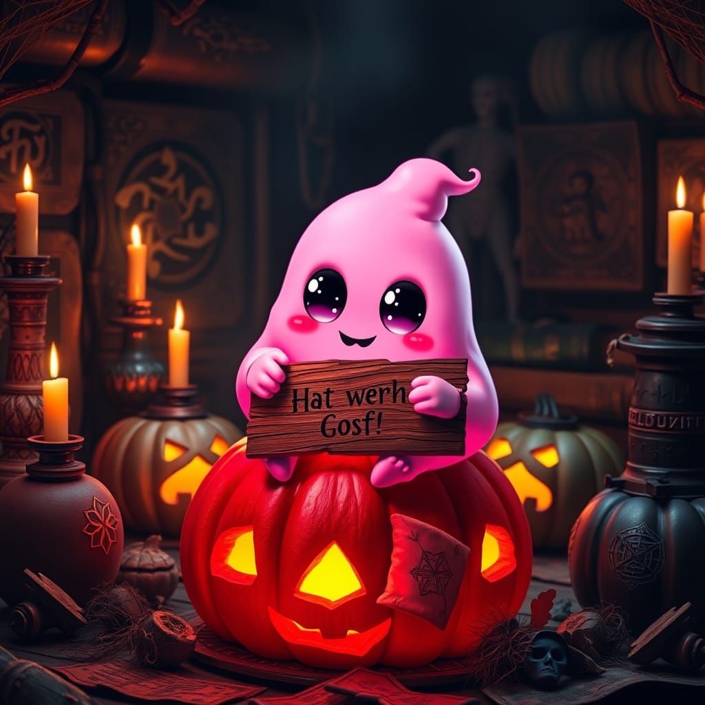 Chibi Neon Pink Ghost on Glowing Pumpkin