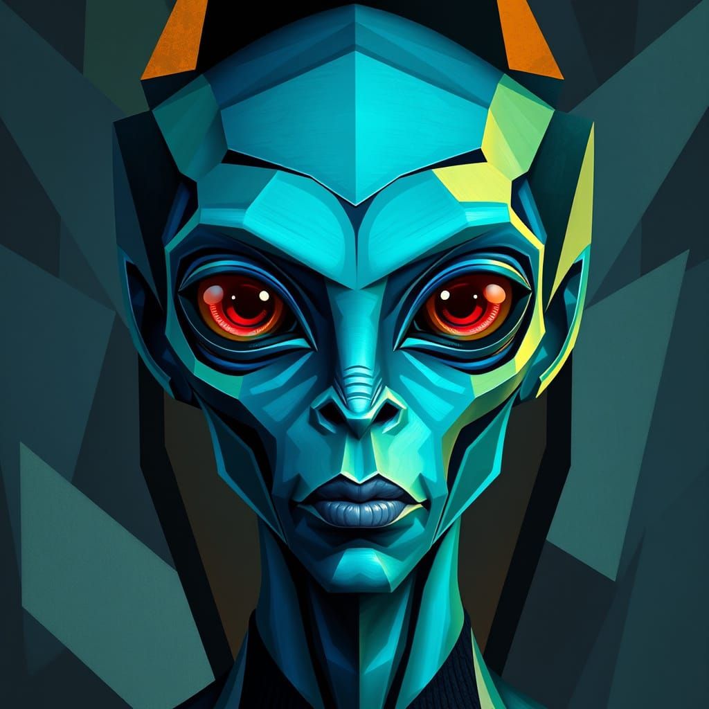 Electric Blue Alien in Neo-Cubist Style
