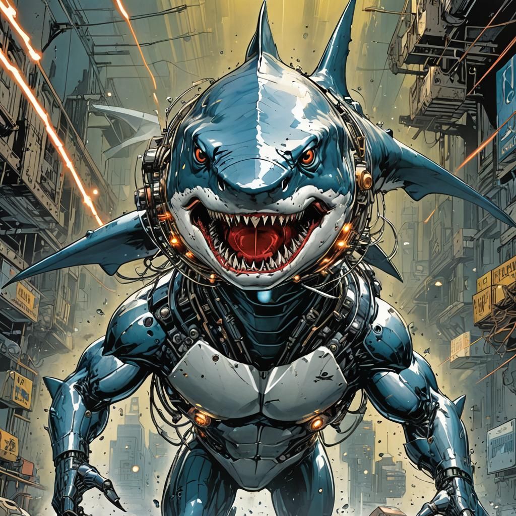 cybernetic shark with laser eyes, 1990's comic book art, art...