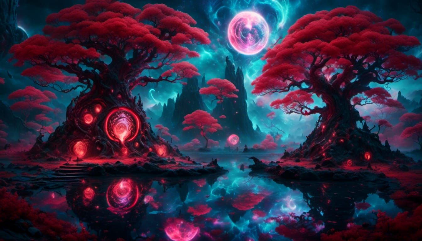 Red and Black Cosmic Tree Landscape