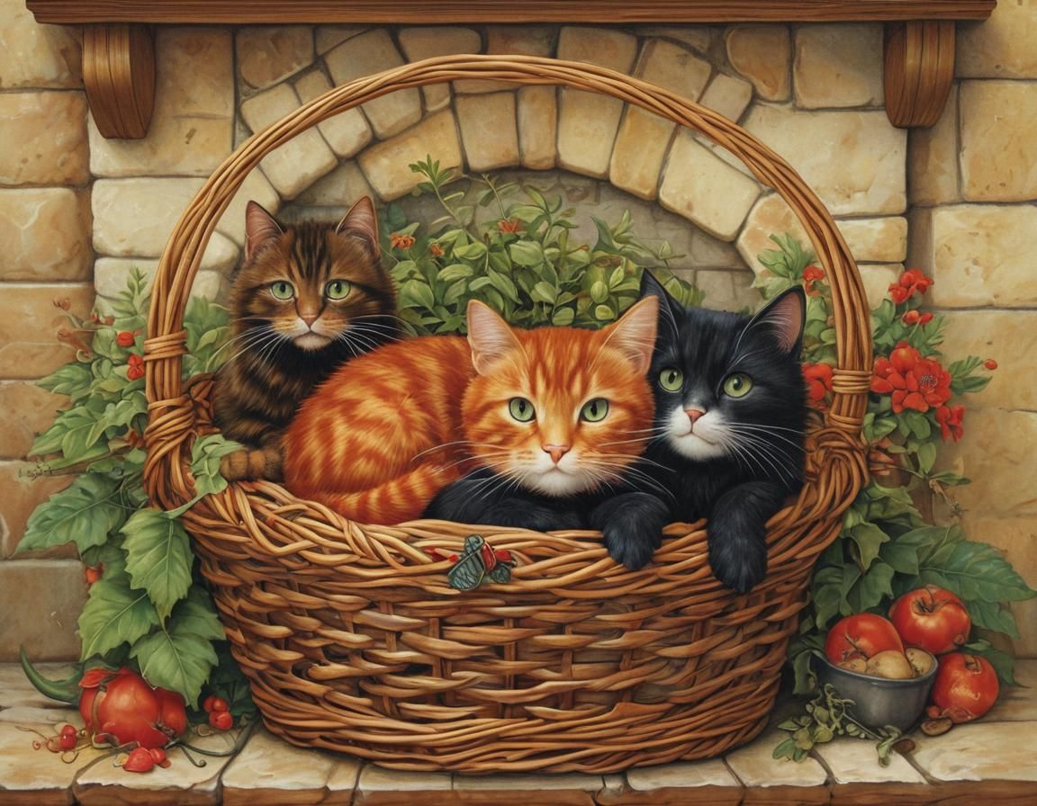 Cats Cuddling by Fireplace in Entangled Style