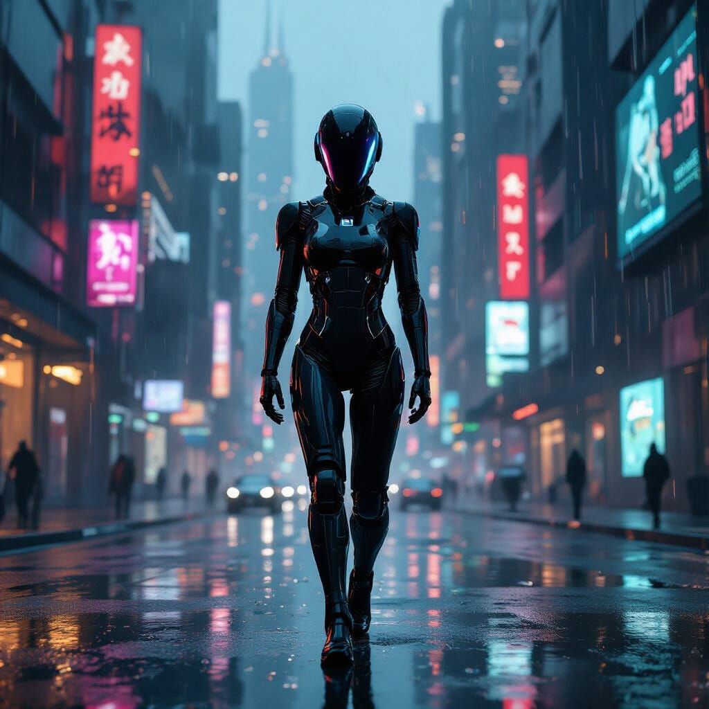 Humanoid Robot in Cyberpunk Cityscape