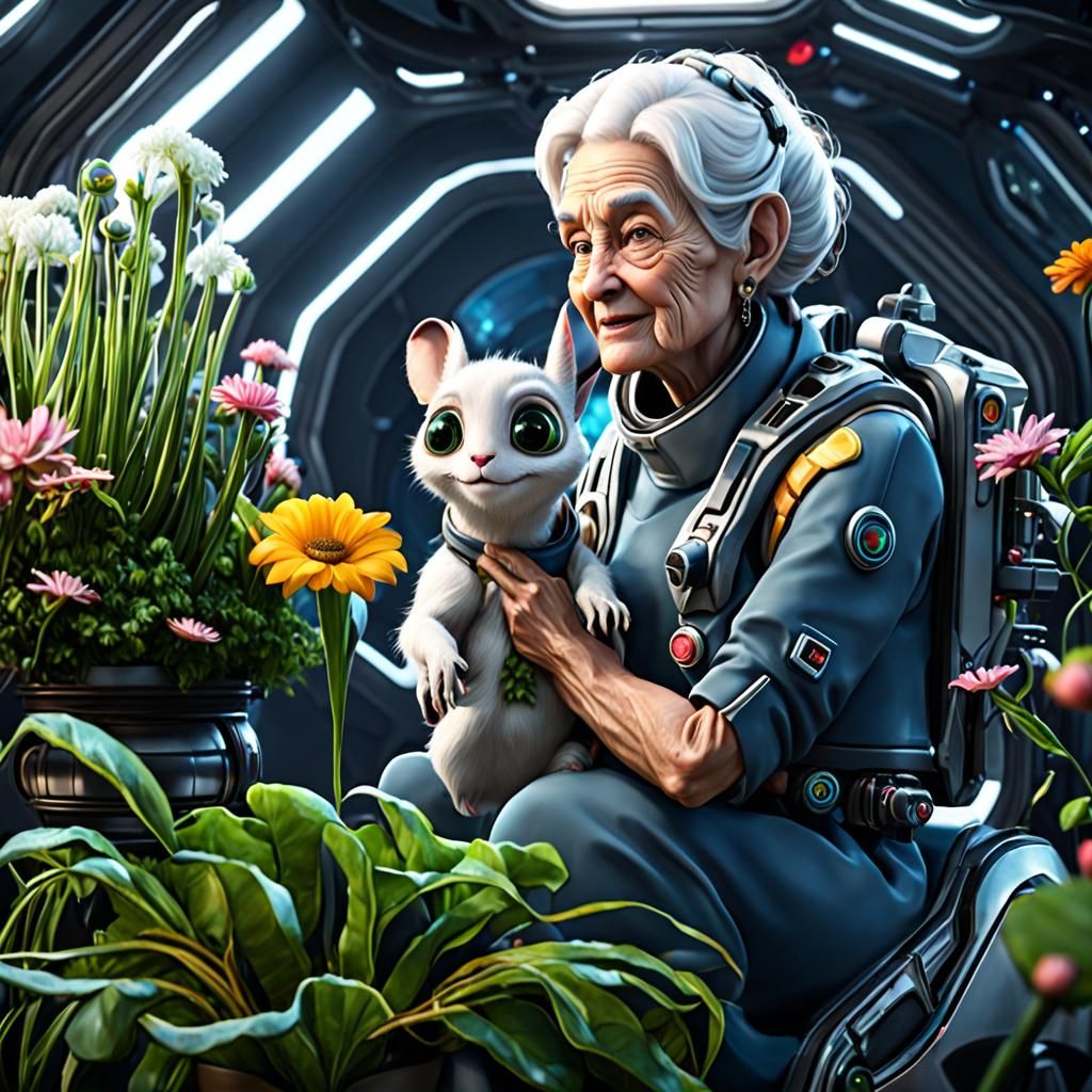 Elderly Woman and Alien Companion on Spaceship