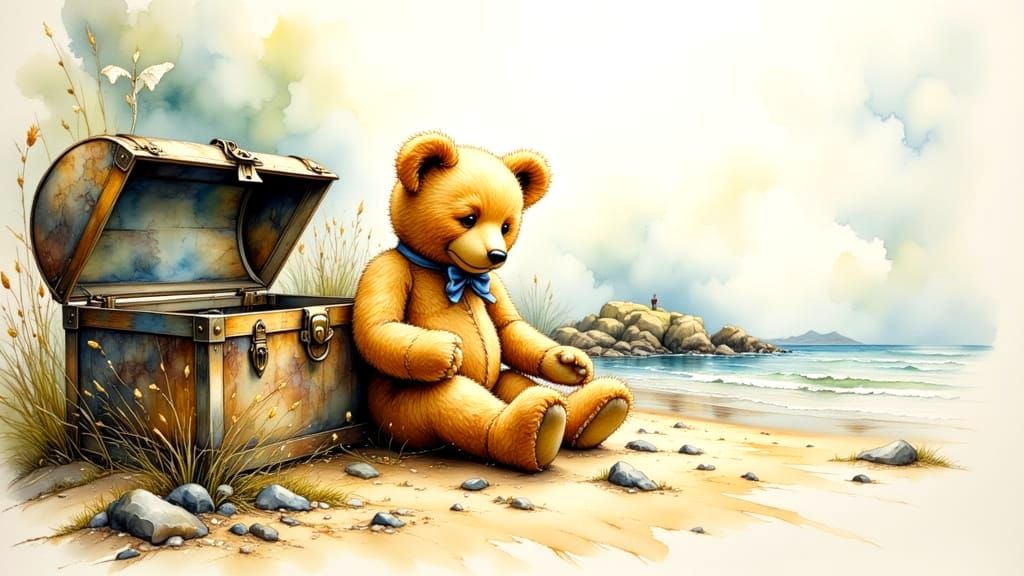 Nostalgic Teddy Bear and Treasure Chest Illustration