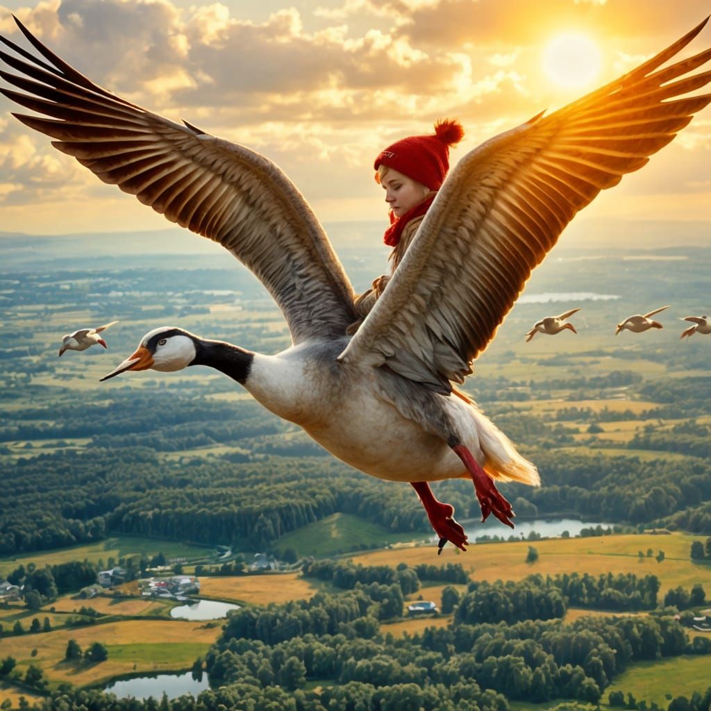 Nils Holgersson Rides Akka Over Sweden in Realistic Style