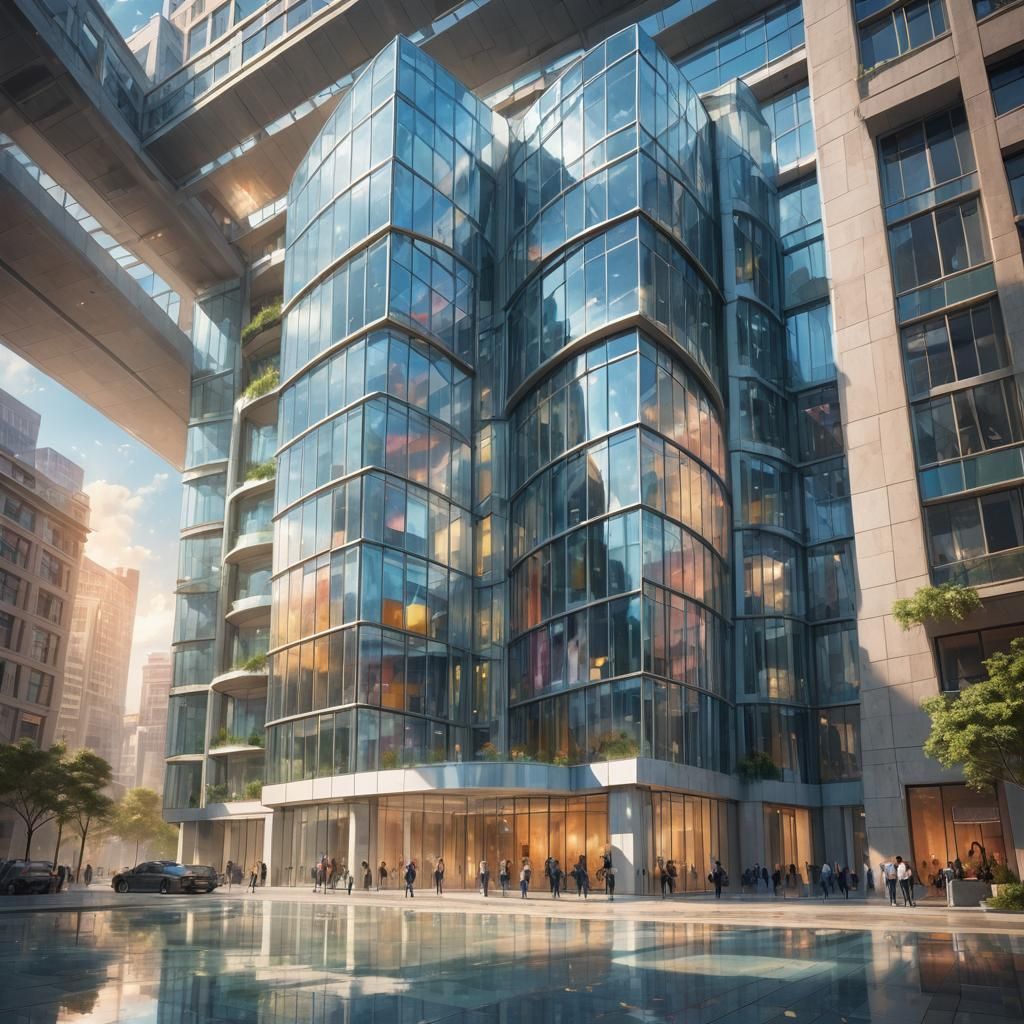 Detailed Glass Building with Cascade in Hyperrealistic Style