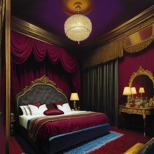 A bedroom with a flashy maroon disco ball