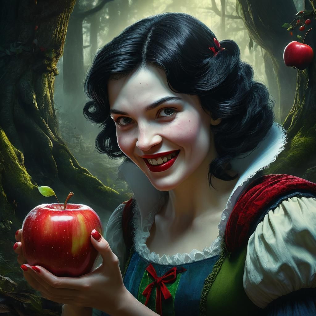 Snow White Offers Poisoned Apple: Hyperrealistic Splash Art