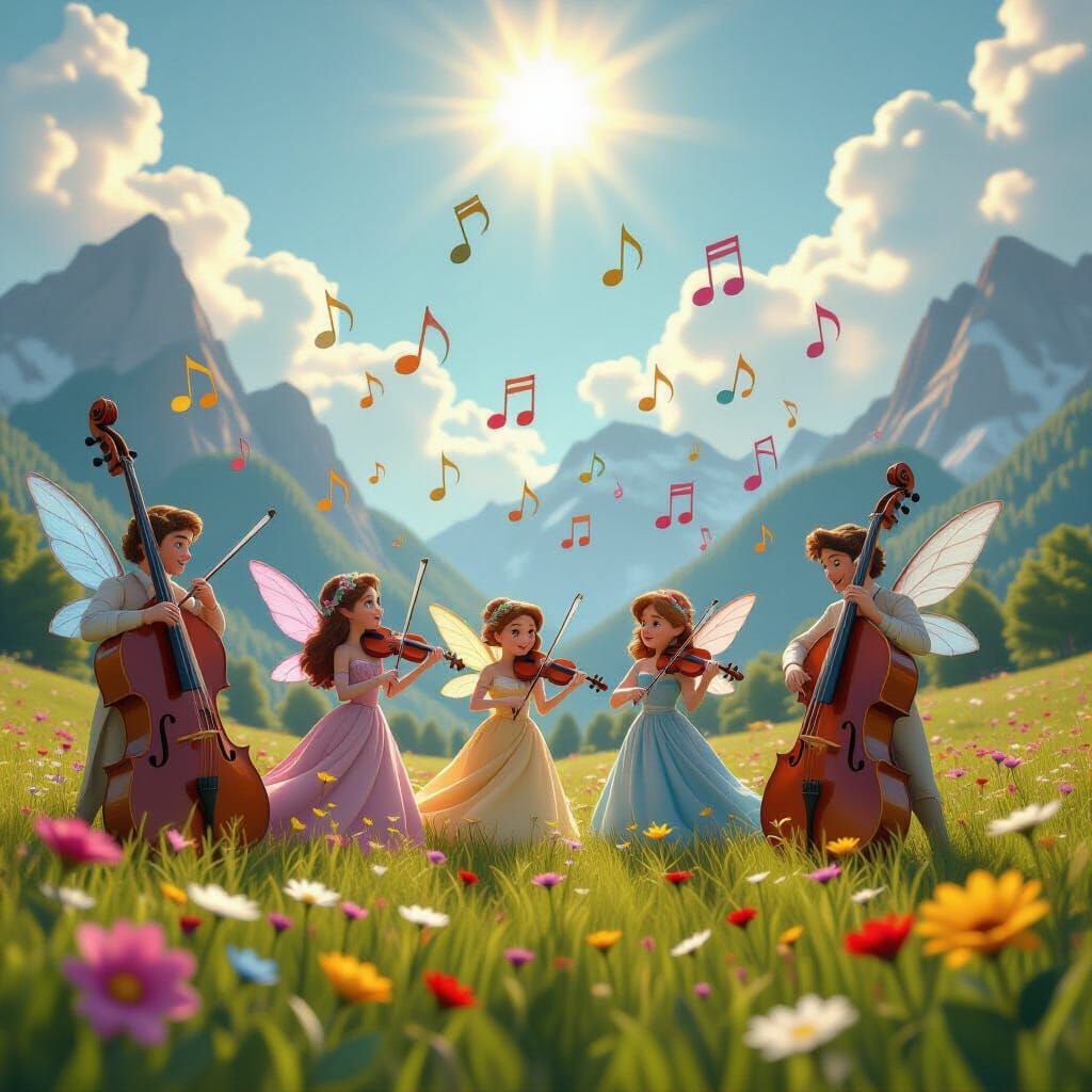 Fairies Dancing with Musical Notes in Sunny Valley