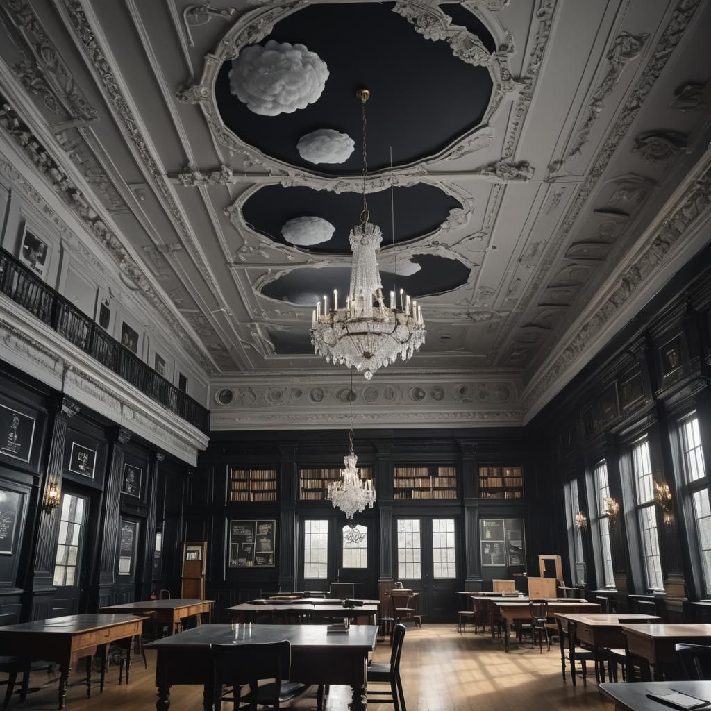 Ominous Classroom with Floating Silver Coin