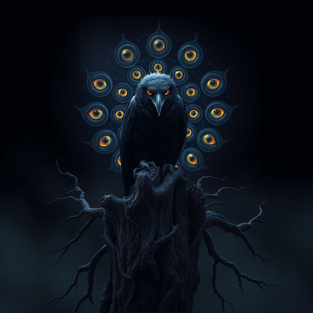 Mystical Raven Mocker in Eerie Dark Landscape
