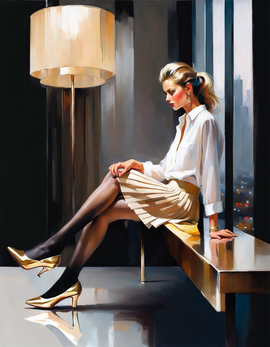 Woman in Pleated Skirt: Oil Painting Portrait