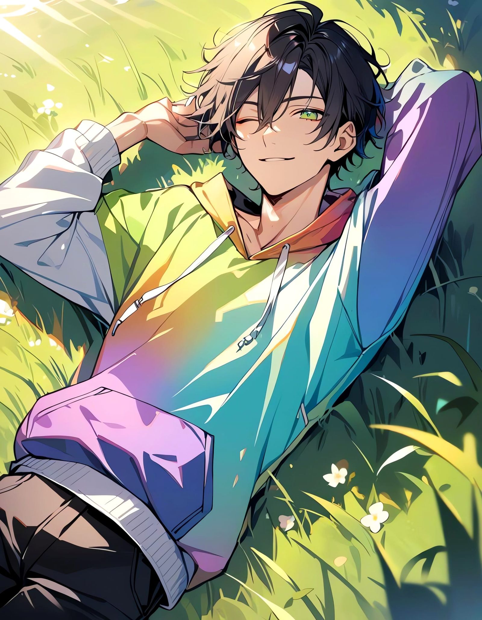 Smiling Bishounen Relaxing in Grassy Sunlight