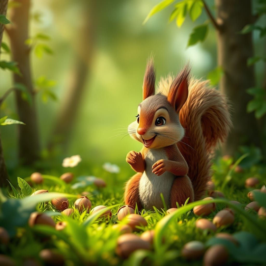 Mischievous Squirrel in Vibrant Forest: Pixar-style 3D Art