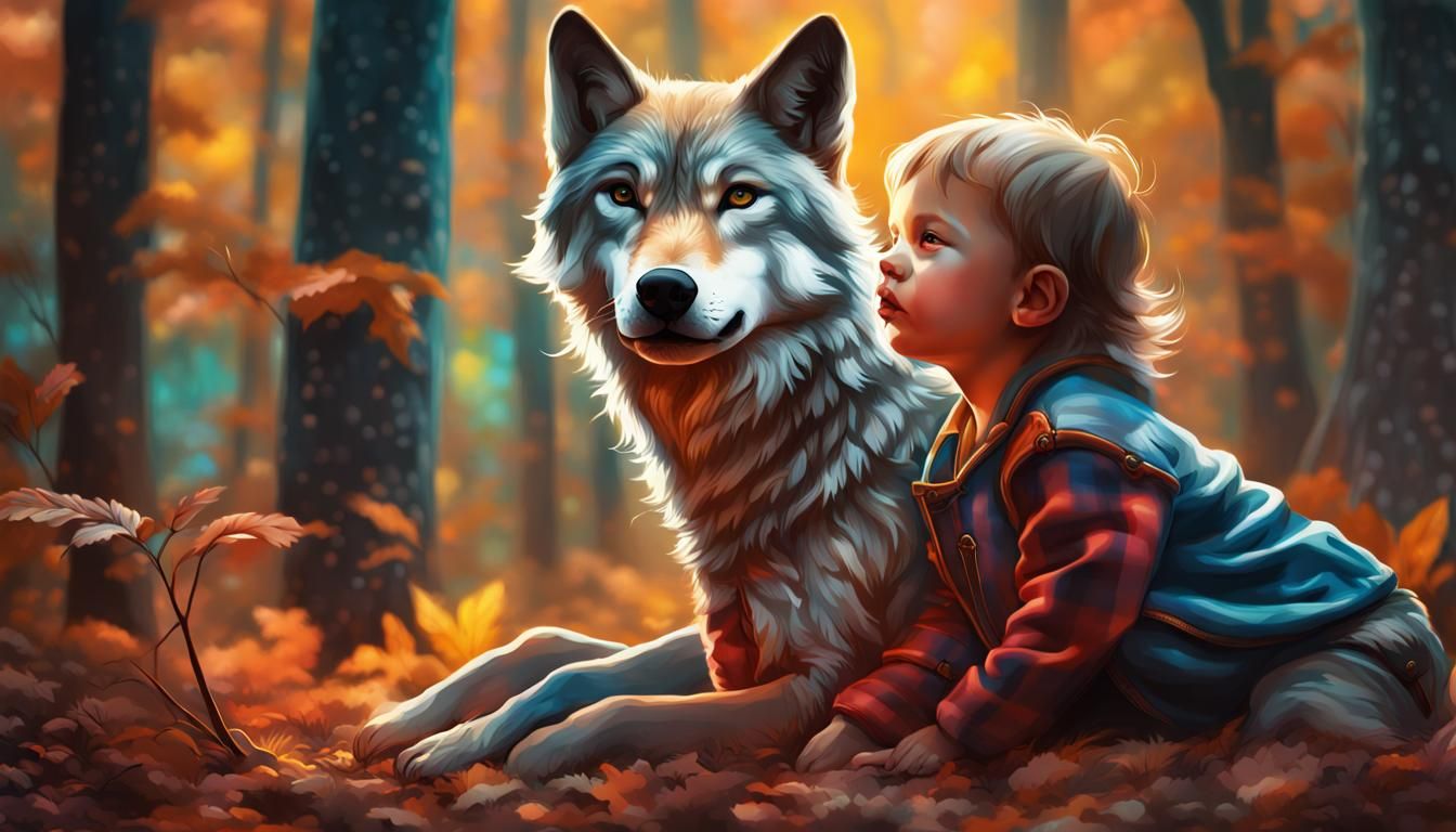 Hyperrealistic Baby with Wolves in Bright Woods
