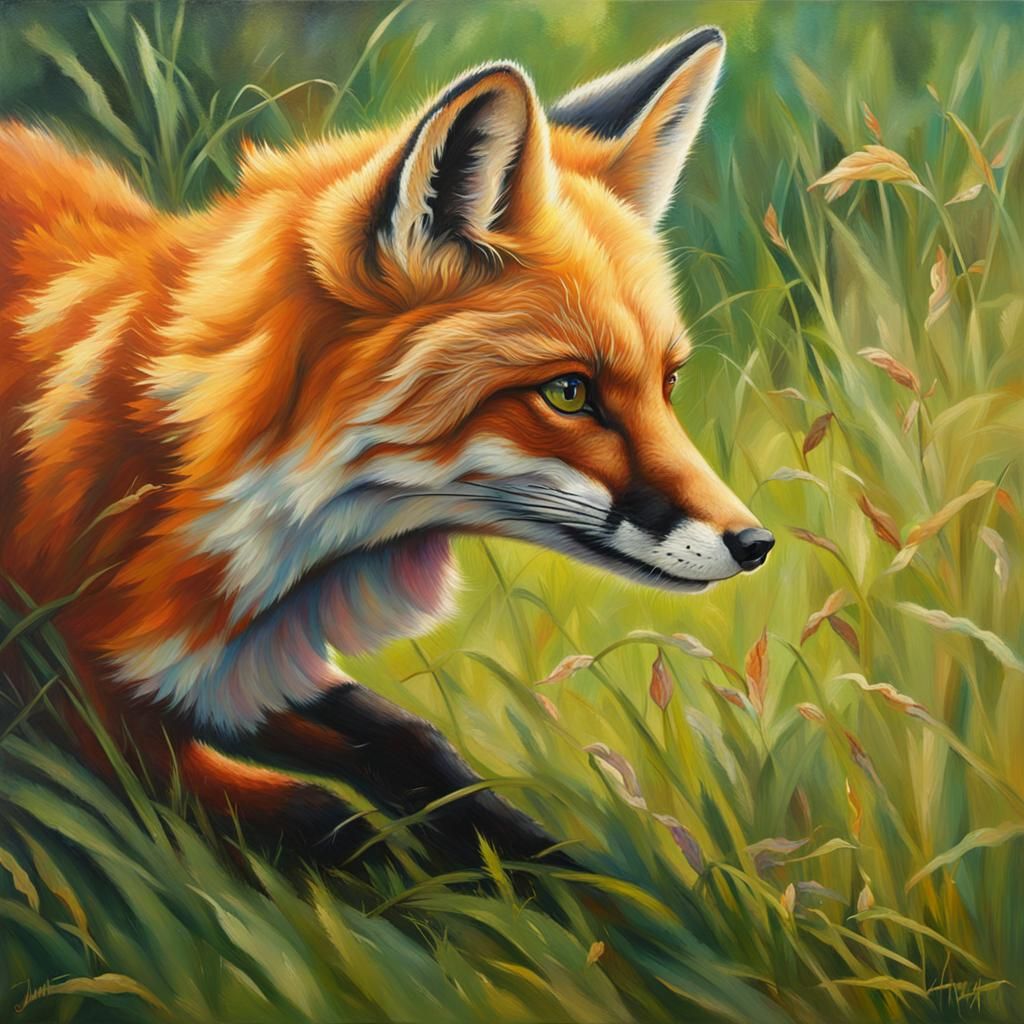 Fox Ready to Pounce: Realistic Oil Painting