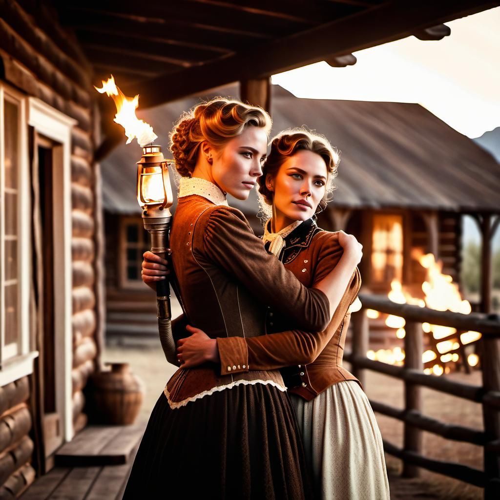 Cinematic Western: Women Embrace as Ranch Burns