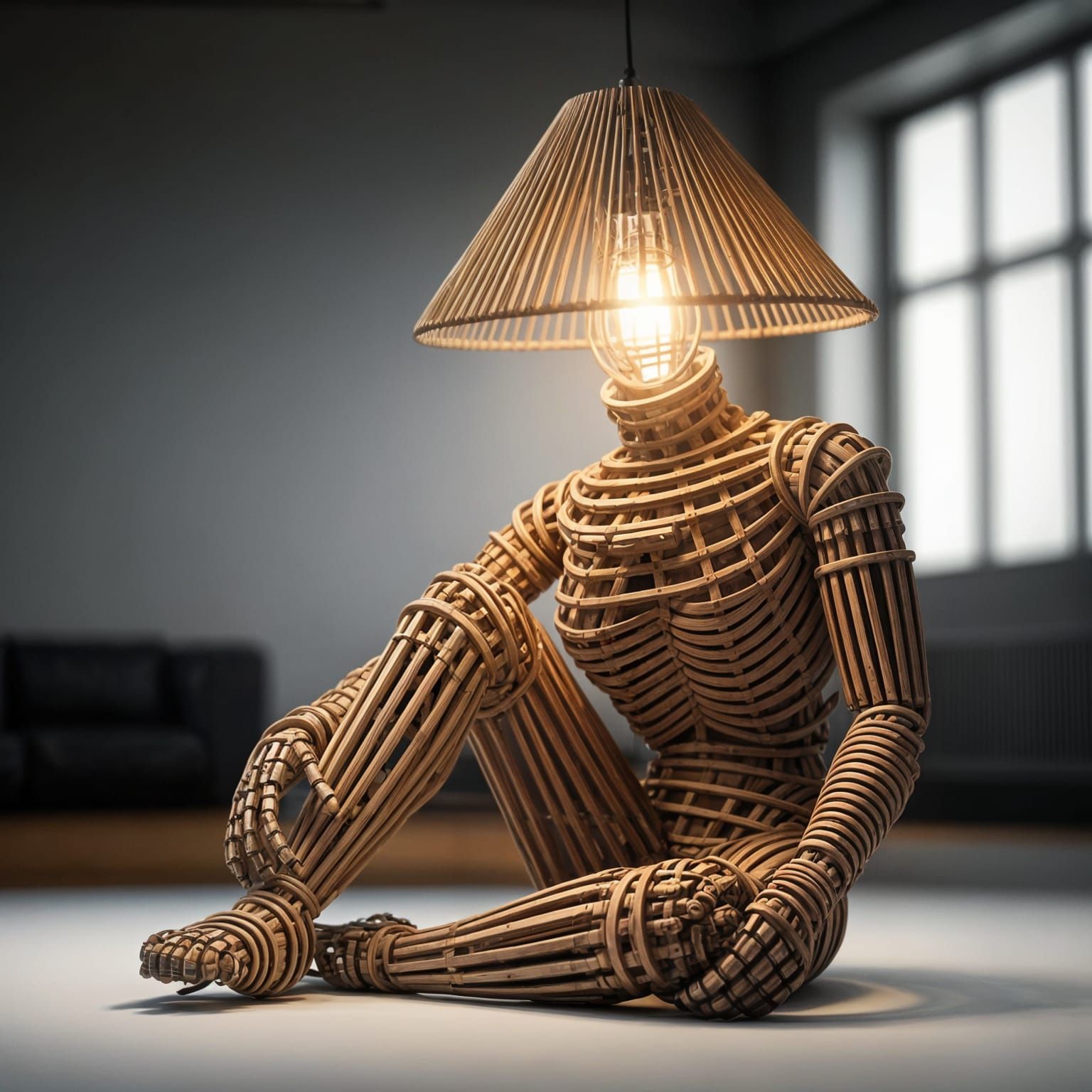 Geometric Wooden Robot Lamp: 3D Render