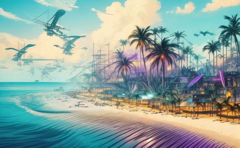 Tropical Cyberpunk Beach with Steampunk Airships