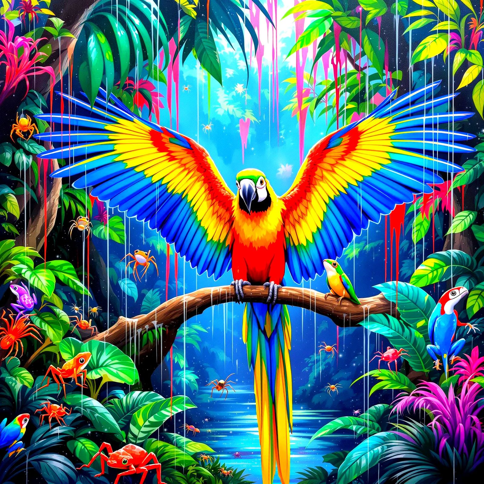 Vibrant Rainforest With Macaw and Colorful Raindrops