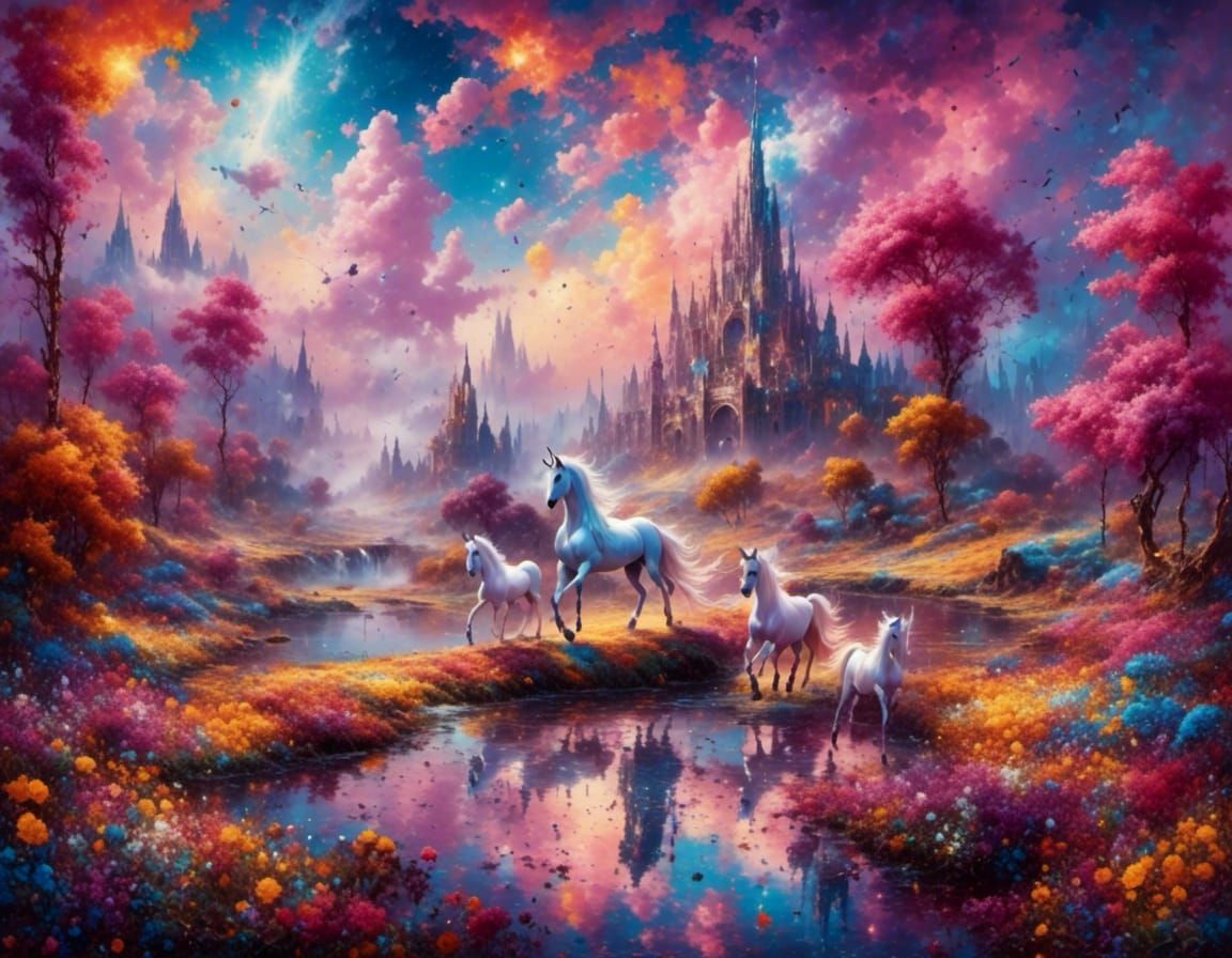 Unicorns in Colorful Fantasy Landscape as Monet Painting