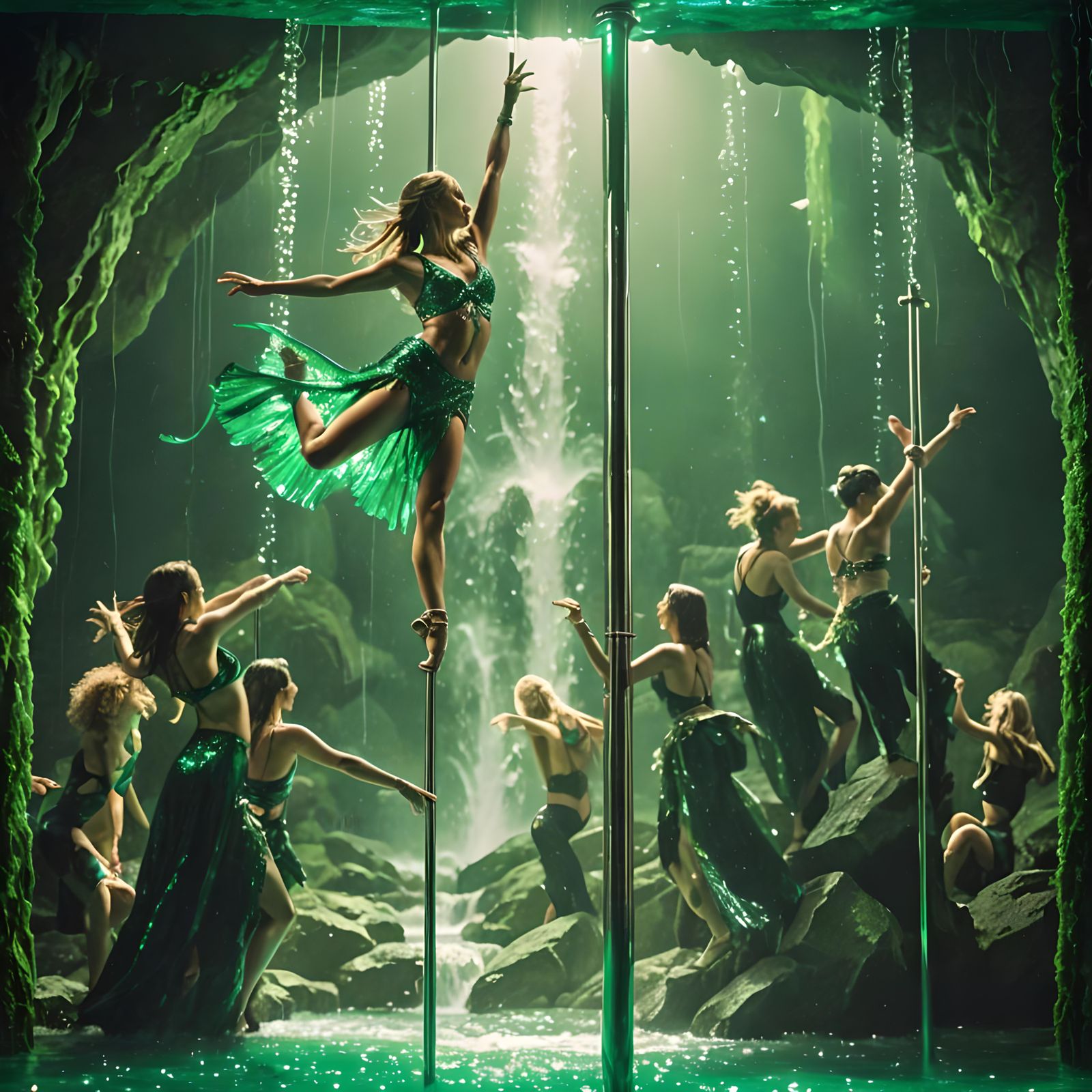 Emerald Waterfall Pole Dancer in Cinematic Style