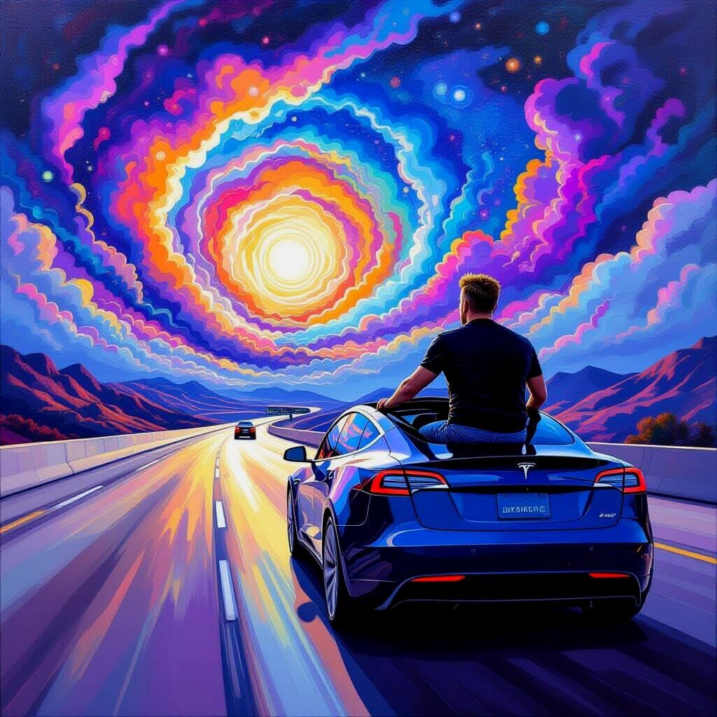 Elon Musk Drives Tesla: Psychedelic Auroracore Art