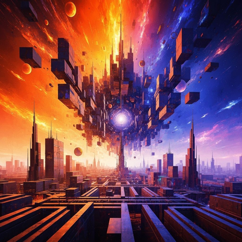 Abstract Geometric Cityscape in Cosmic Vortex