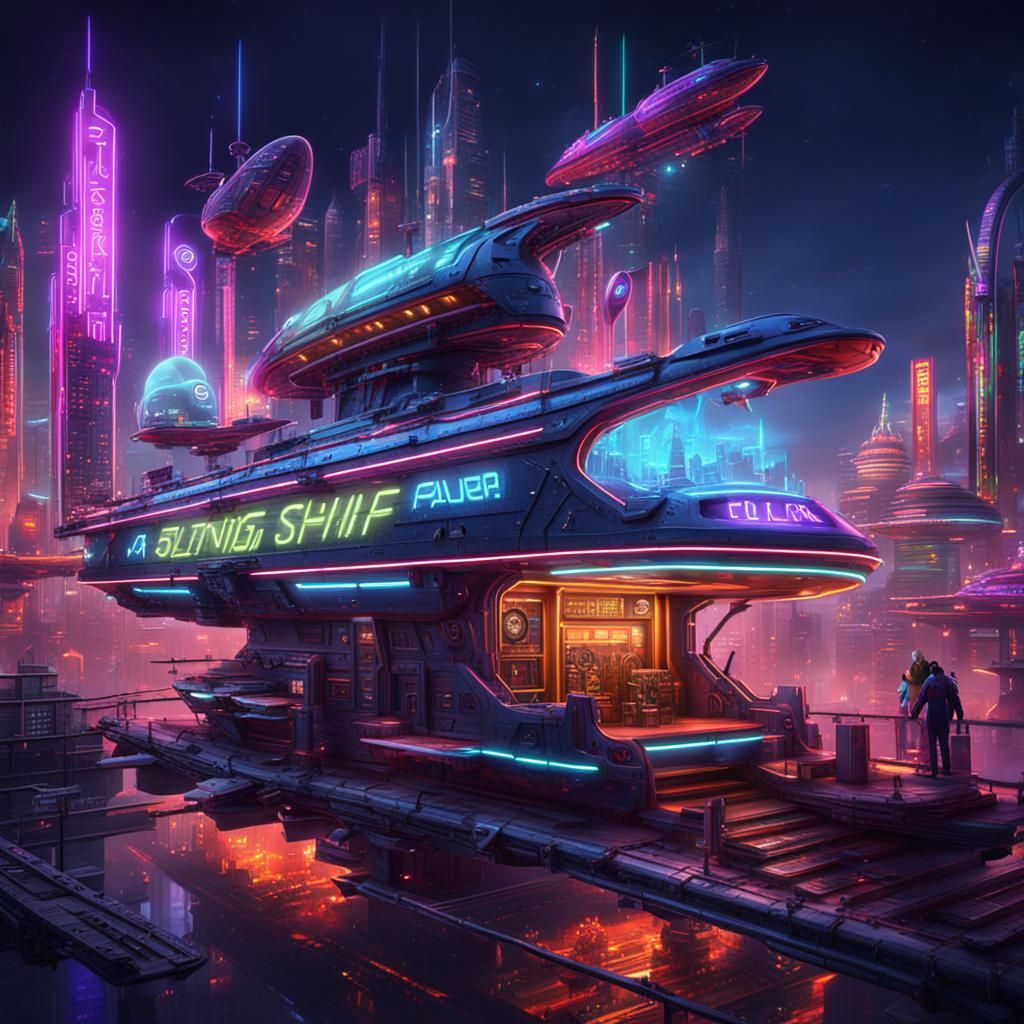 Neon Alien Ships in Futuristic Cityscape
