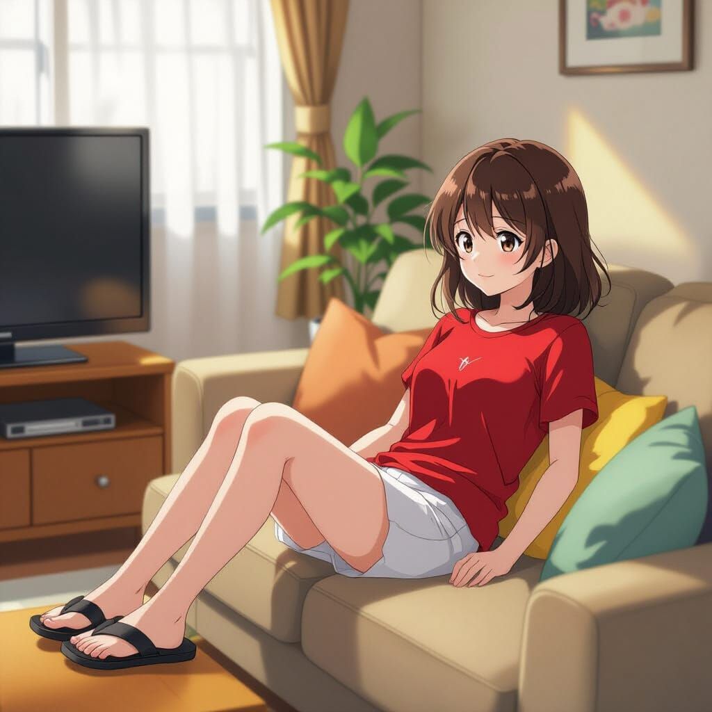 Anime Girl Watching TV Indoors
