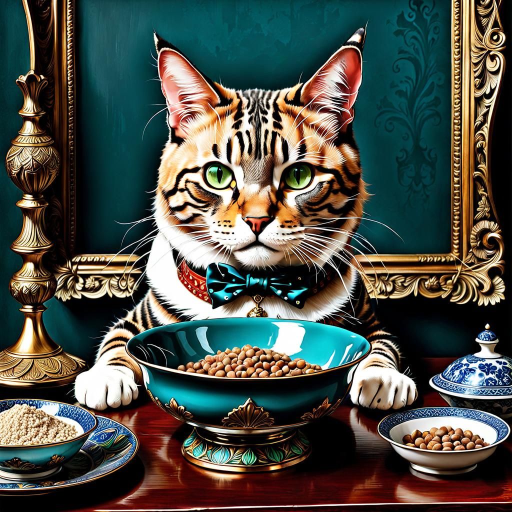 Cat Waiting for Food, Hyperrealistic Digital Art