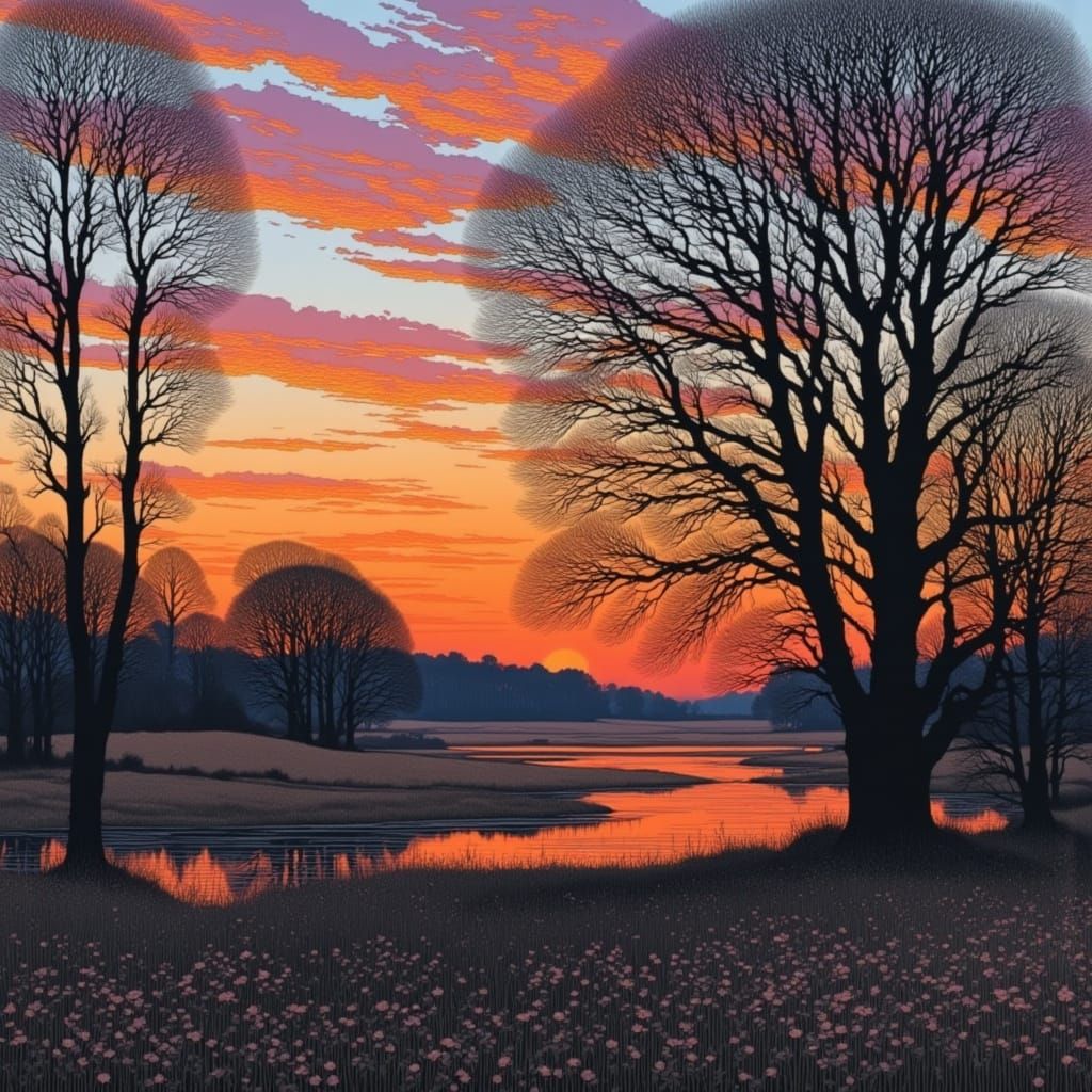 Sunset Landscape in Tonalist Painting Style