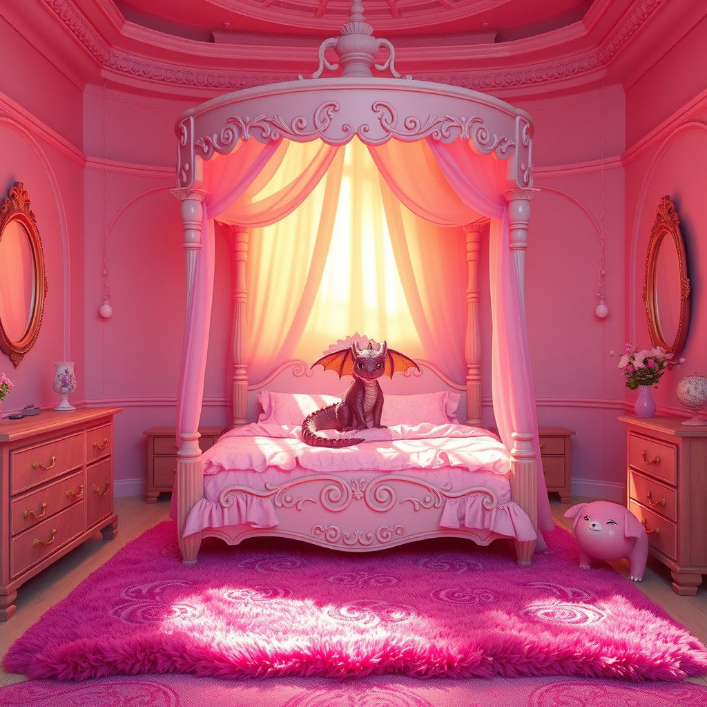 Whimsical Pink Bedroom with Baby Dragon, Matte Painting