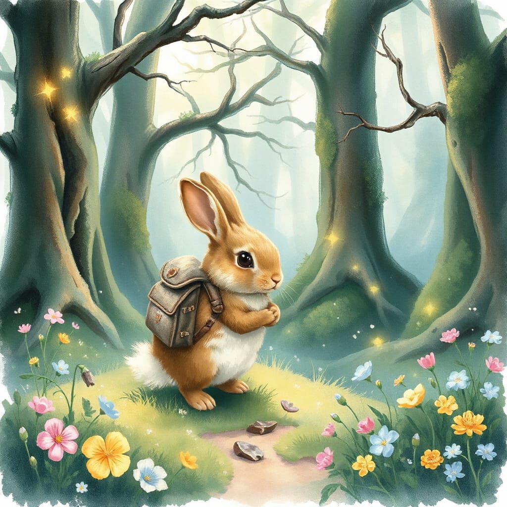 Whimsical Bunny at the Edge of an Enchanted Forest in Waterc...