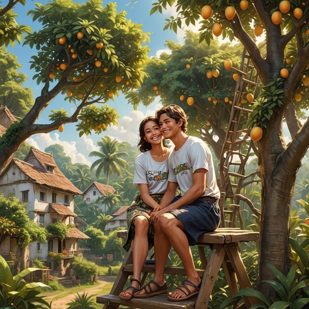 Romantic Lovers in a Whimsical Village Scene