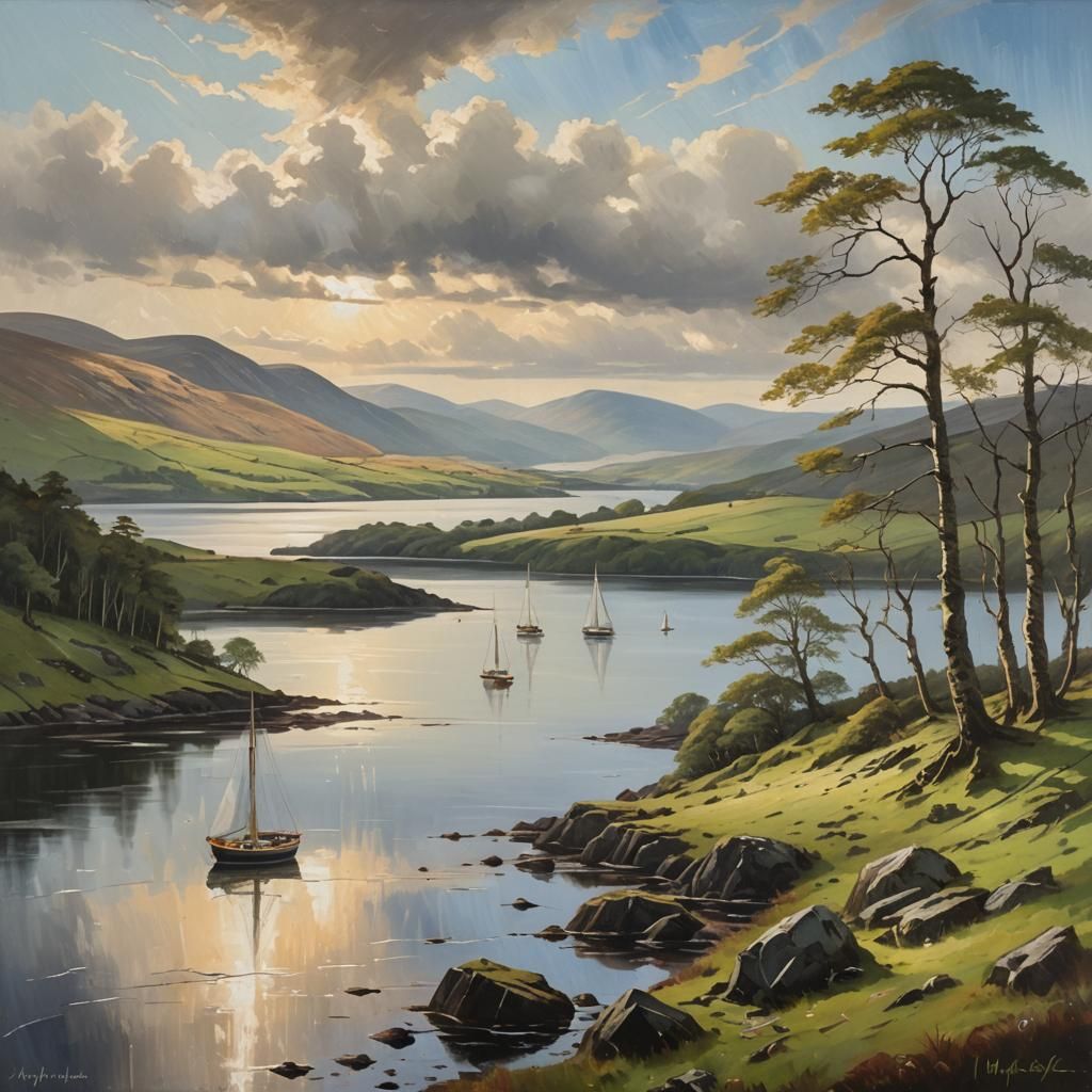 Serene Loch and Highland Hills Oil Painting