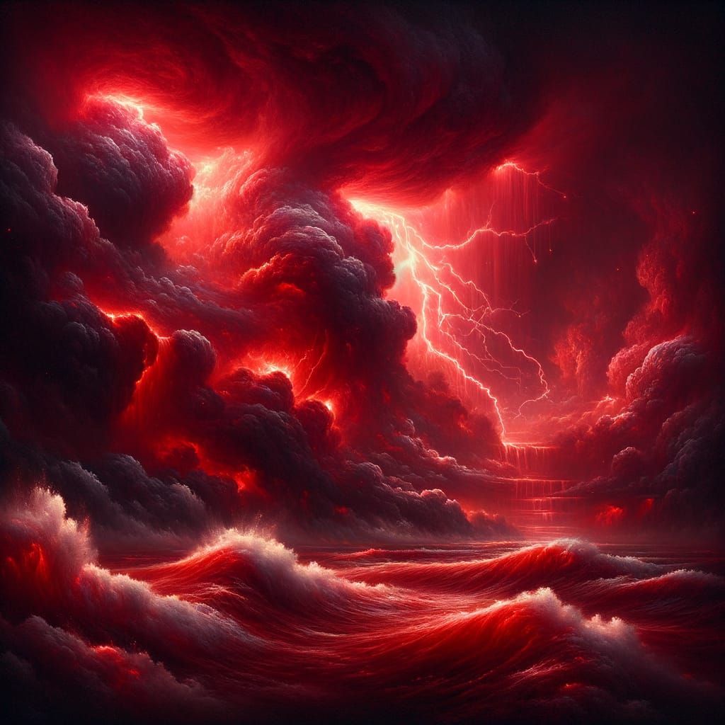 Crimson Tempest Over Turbulent Ocean at Night