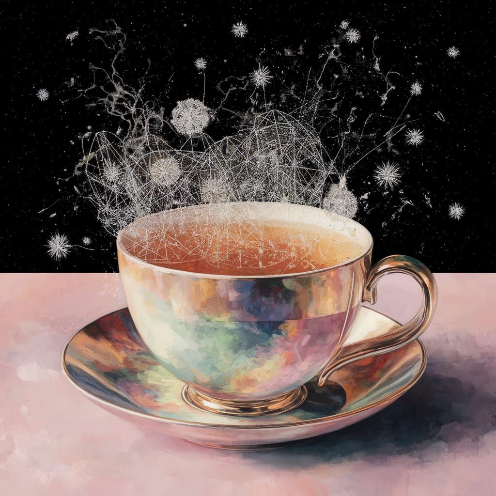 Surrealism in Ink Painting: Whimsical Chamomile Tea Universe